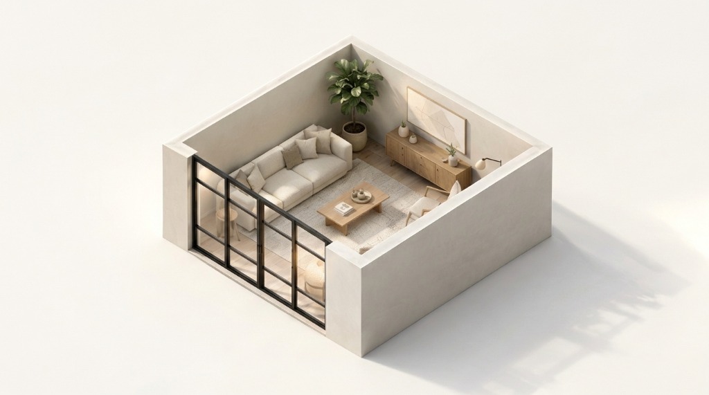 East-Facing Window Room Plan — Morning Golden Sunlight and Afternoon Diffused Light Simulation