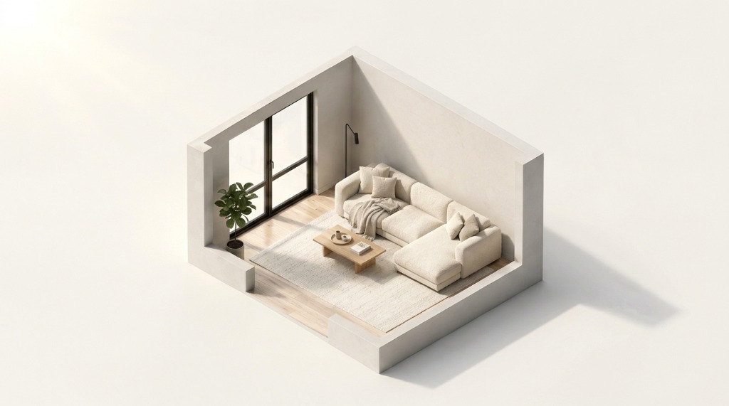 North-Facing Window Room Plan — Indirect Cool Diffused Daylight Simulation (6500K-7500K)