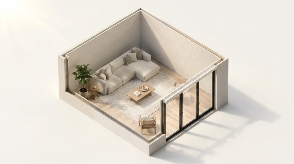 South-Facing Window Room Plan — Direct Warm Sunlight and Sunbeam Simulation (3000K-4000K)