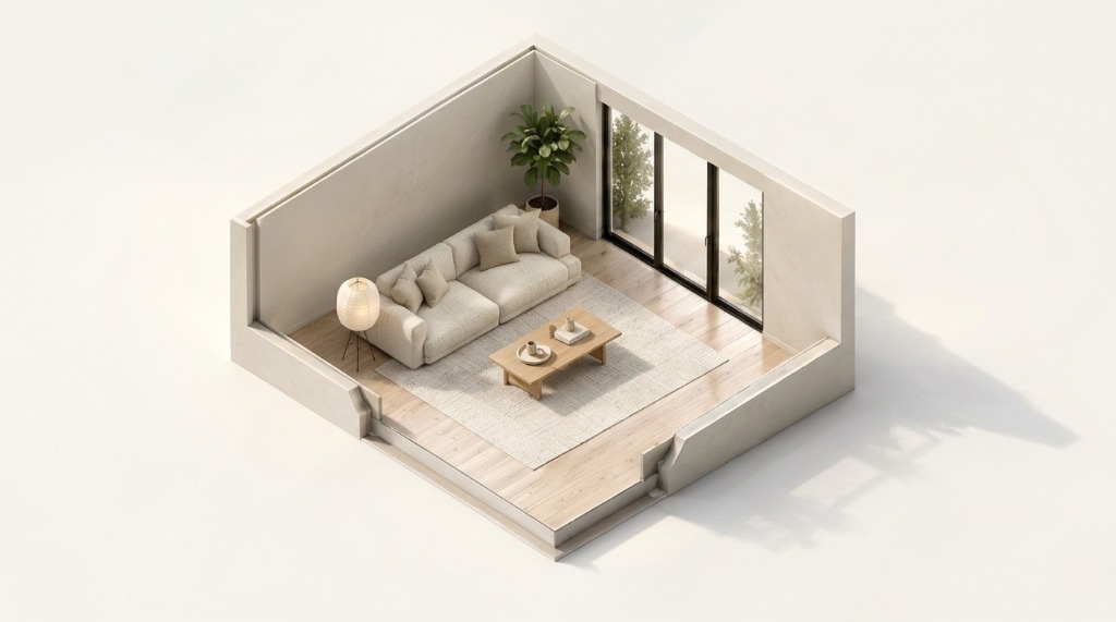 West-Facing Window Room Plan — Warm Afternoon Daylight and Sunset Glow Simulation